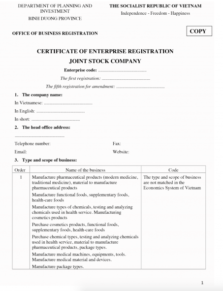 Enterprise Registration Certificate